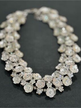 Crystal Floral Statement Necklace - Silver Tone